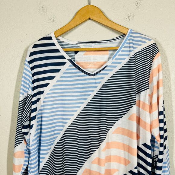 Pleats Collection V Neck Stripe Tee 3/4 Sleeve Casual Pullover Loose Fit - L - Picture 2 of 4